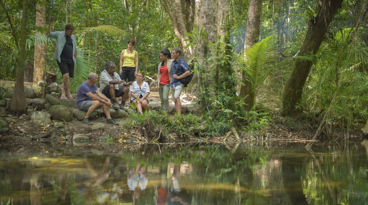 A guide giving a tour to a group of individuals