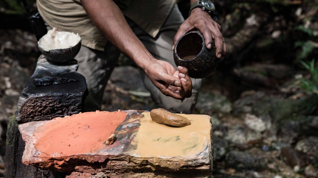 Guide providing a rock painting demonstration