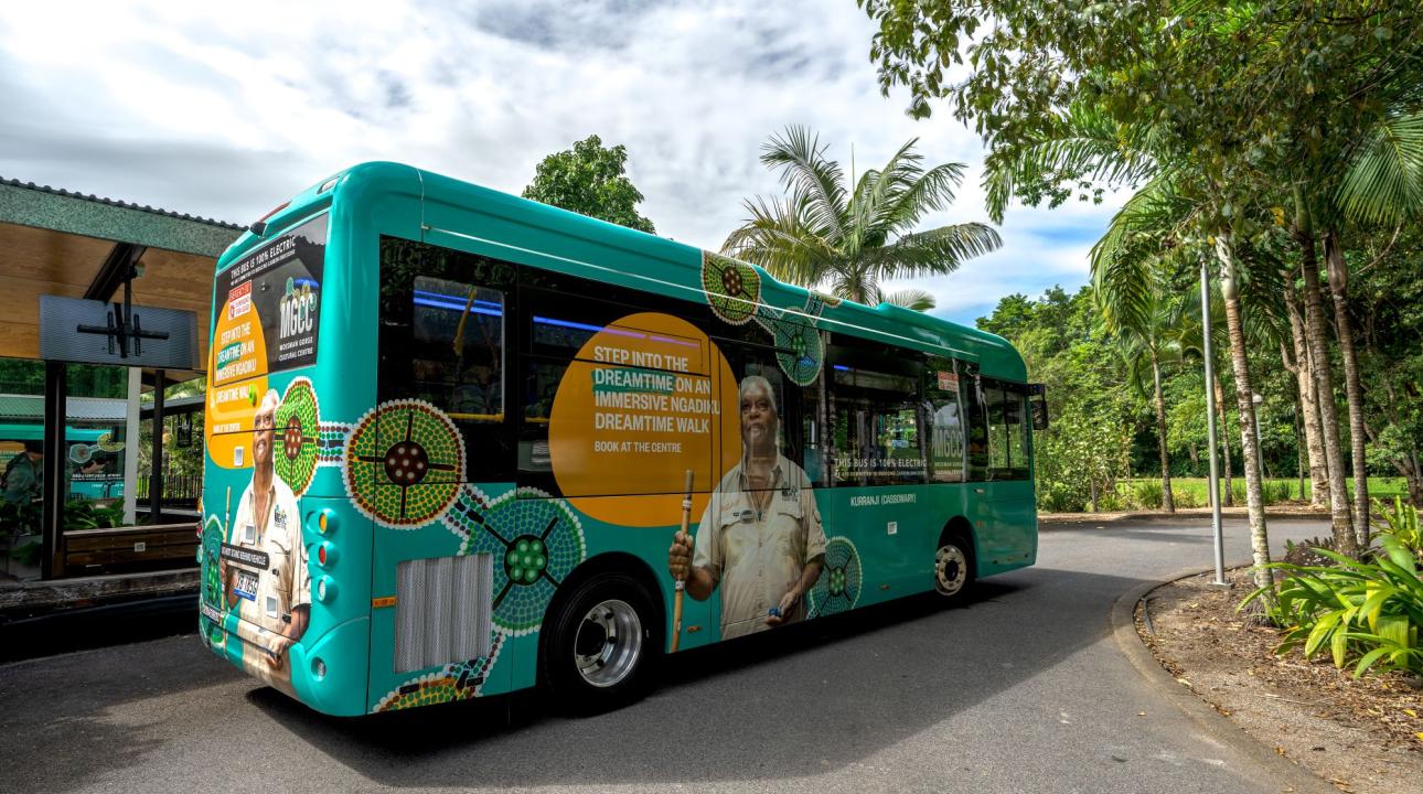 An EV bus at Mossman Gorge Cultural Centre