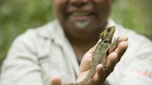 Tourist guide holding an iguana 